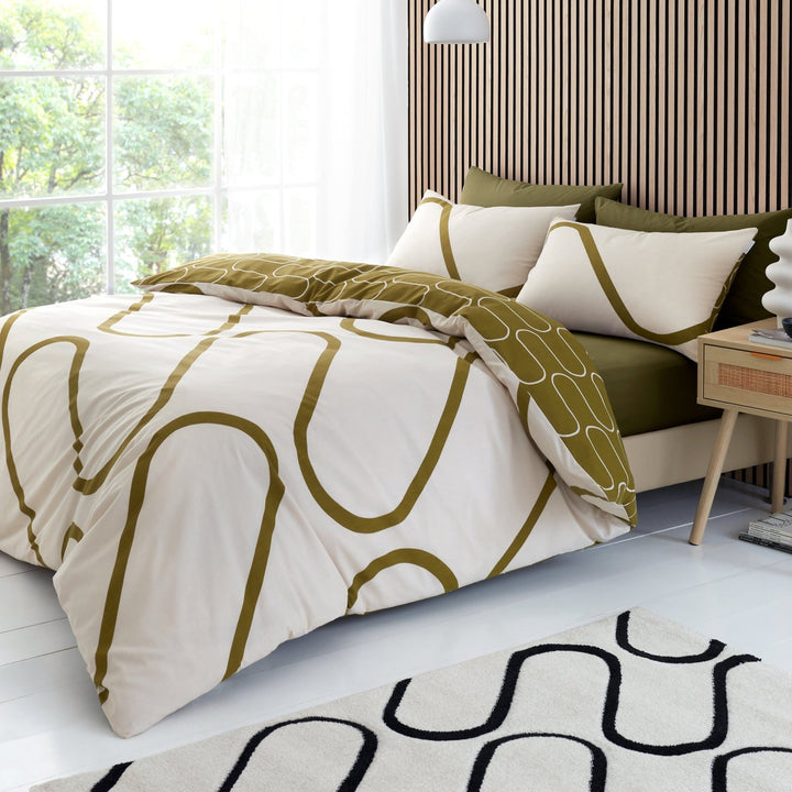 Catherine Lansfield Linear Curve Olive Geo Bedding Set from You Know Who's