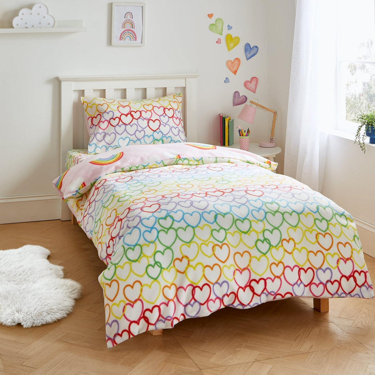 Catherine Lansfield Rainbow Hearts Fleece Bedding Reversible from You Know Who's