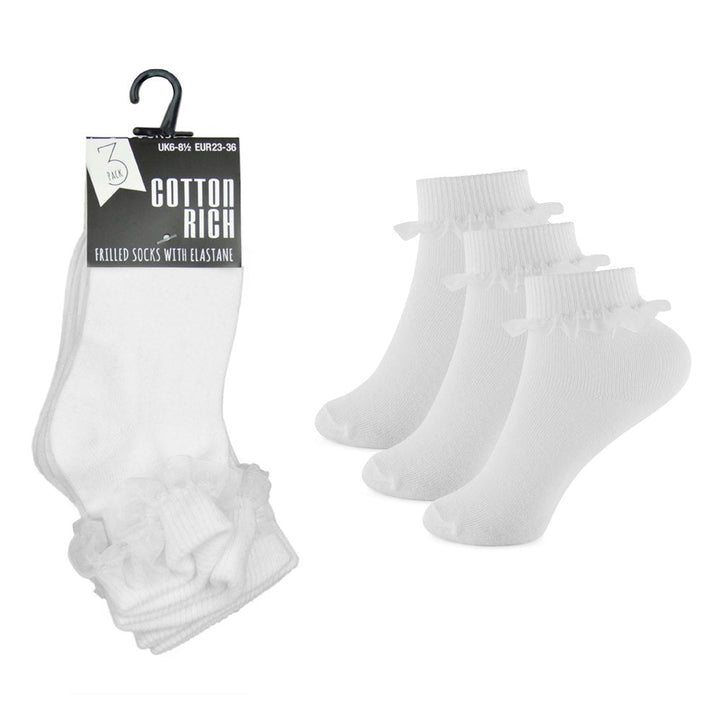Childrens 3 Pack White Frilly Ankle Socks from You Know Who's