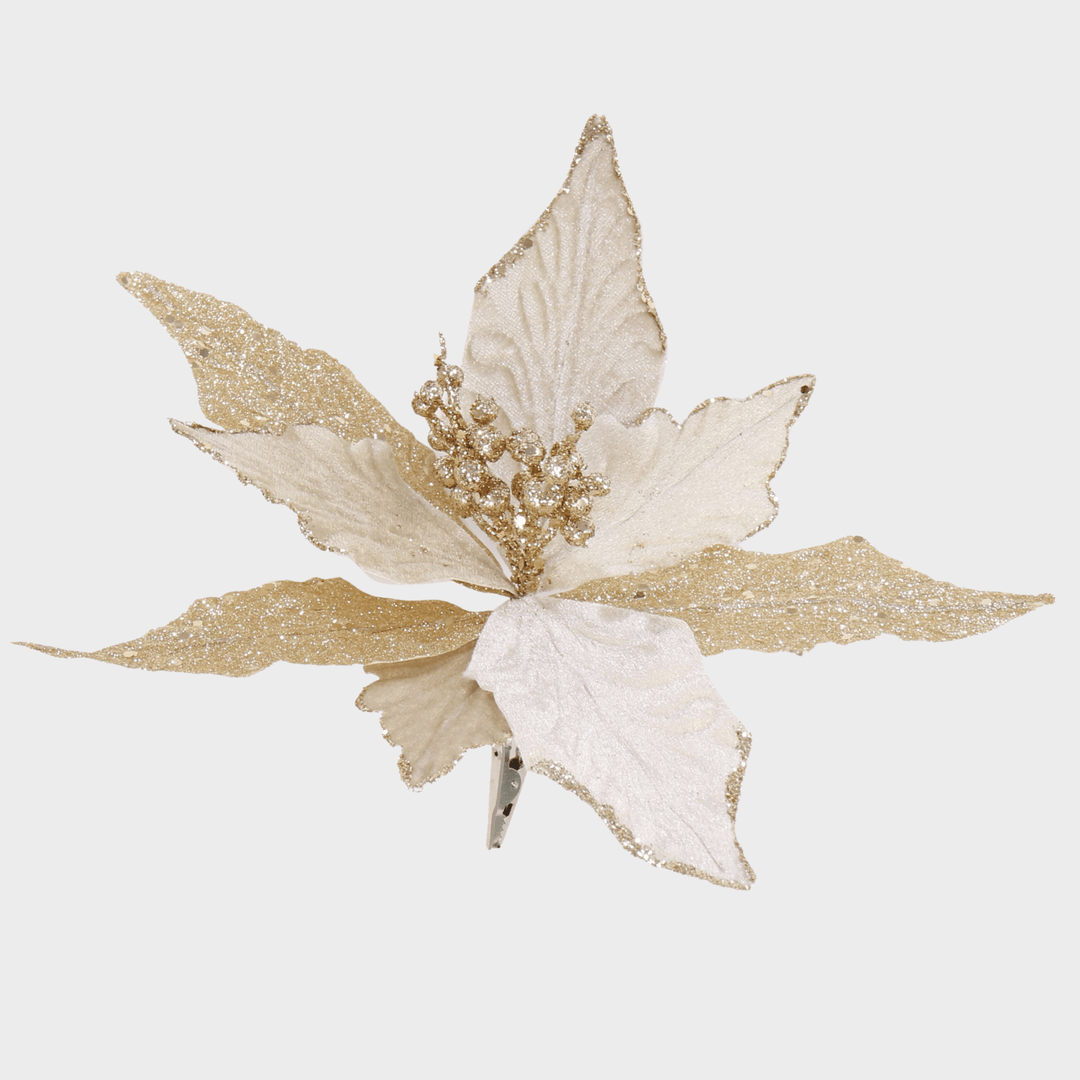 Clip on poinsettia 25cm glitter gold from You Know Who's