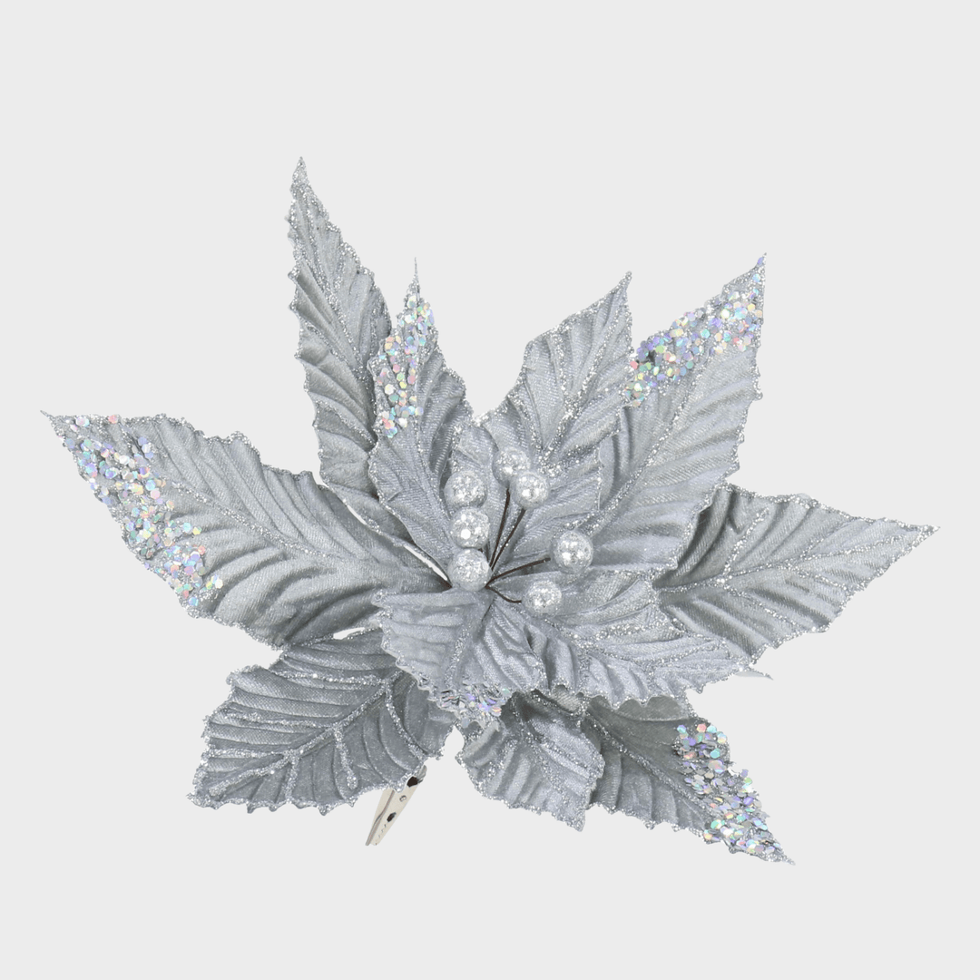 Clip on poinsettia 30cm velvet silver from You Know Who's