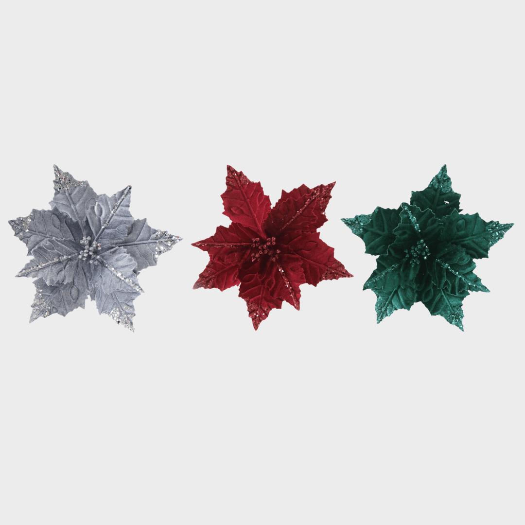 Clip on velvet poinsettia w/sequins 30cm asst from You Know Who's