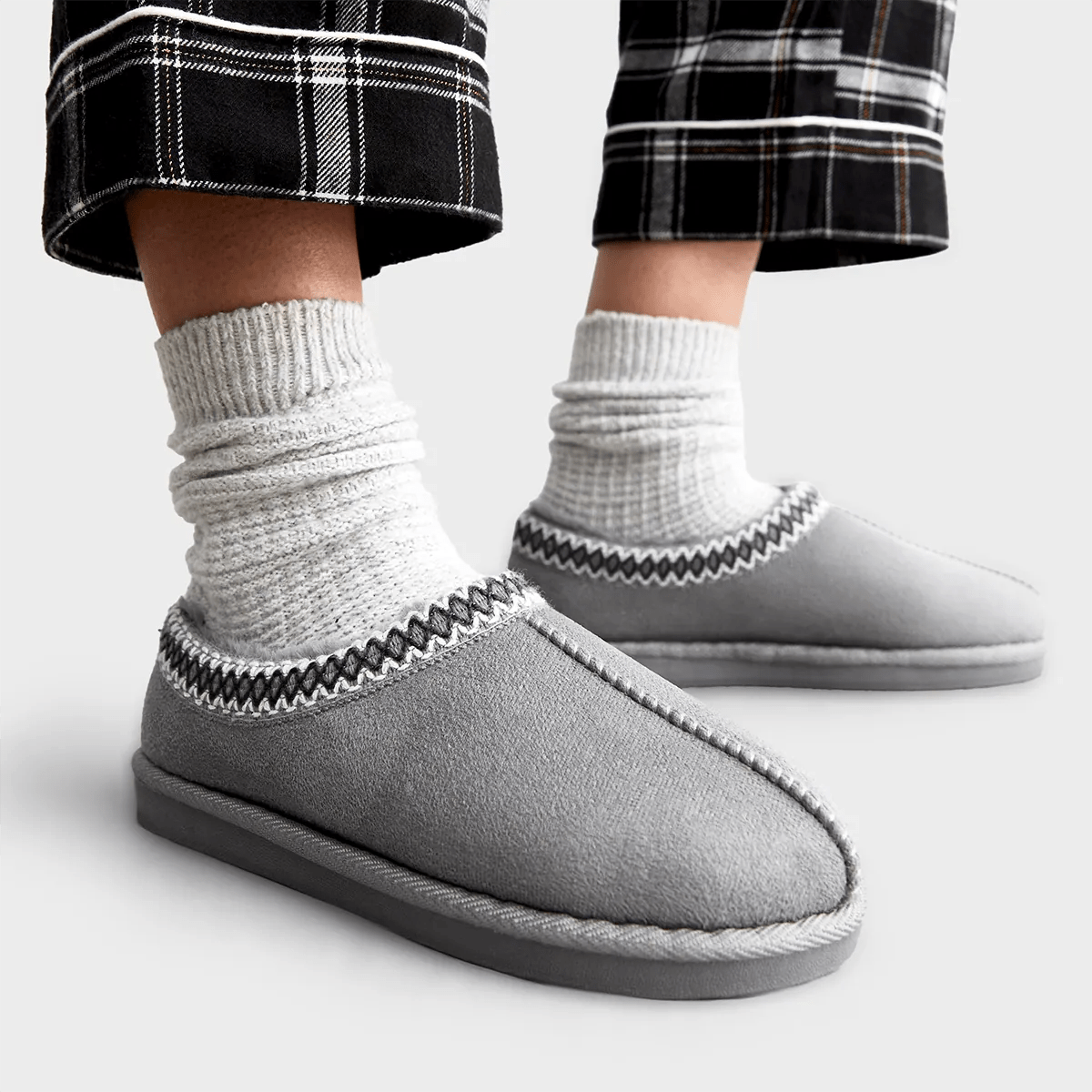 Ex store Grey Faux Fur Lined Abstract Trim Slippers from You Know Who's