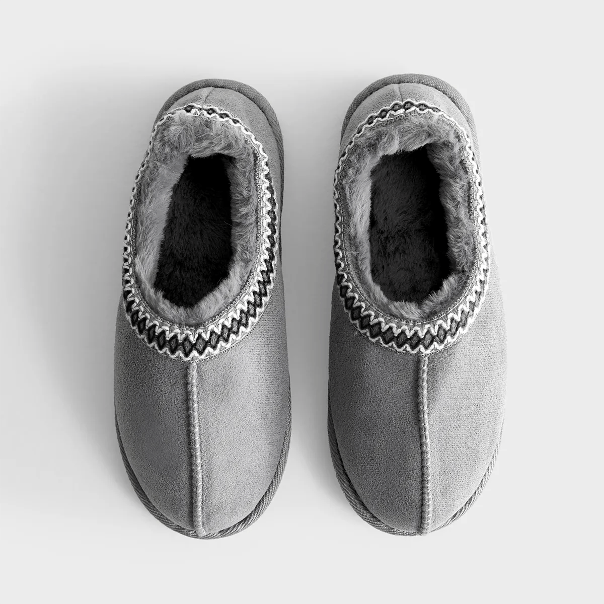 Ex store Grey Faux Fur Lined Abstract Trim Slippers from You Know Who's