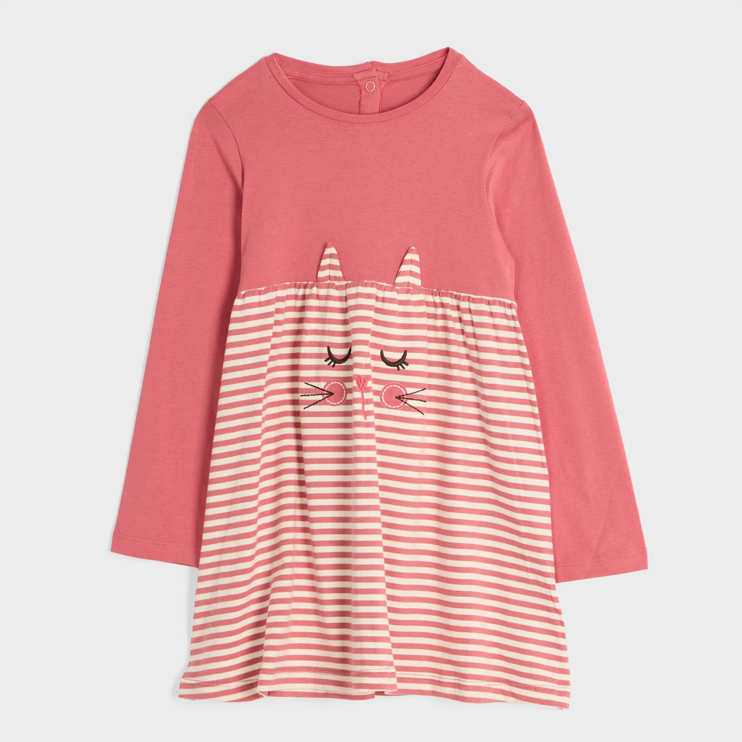 Girls Pink Stripe Cat Long Sleeve Dress from You Know Who's