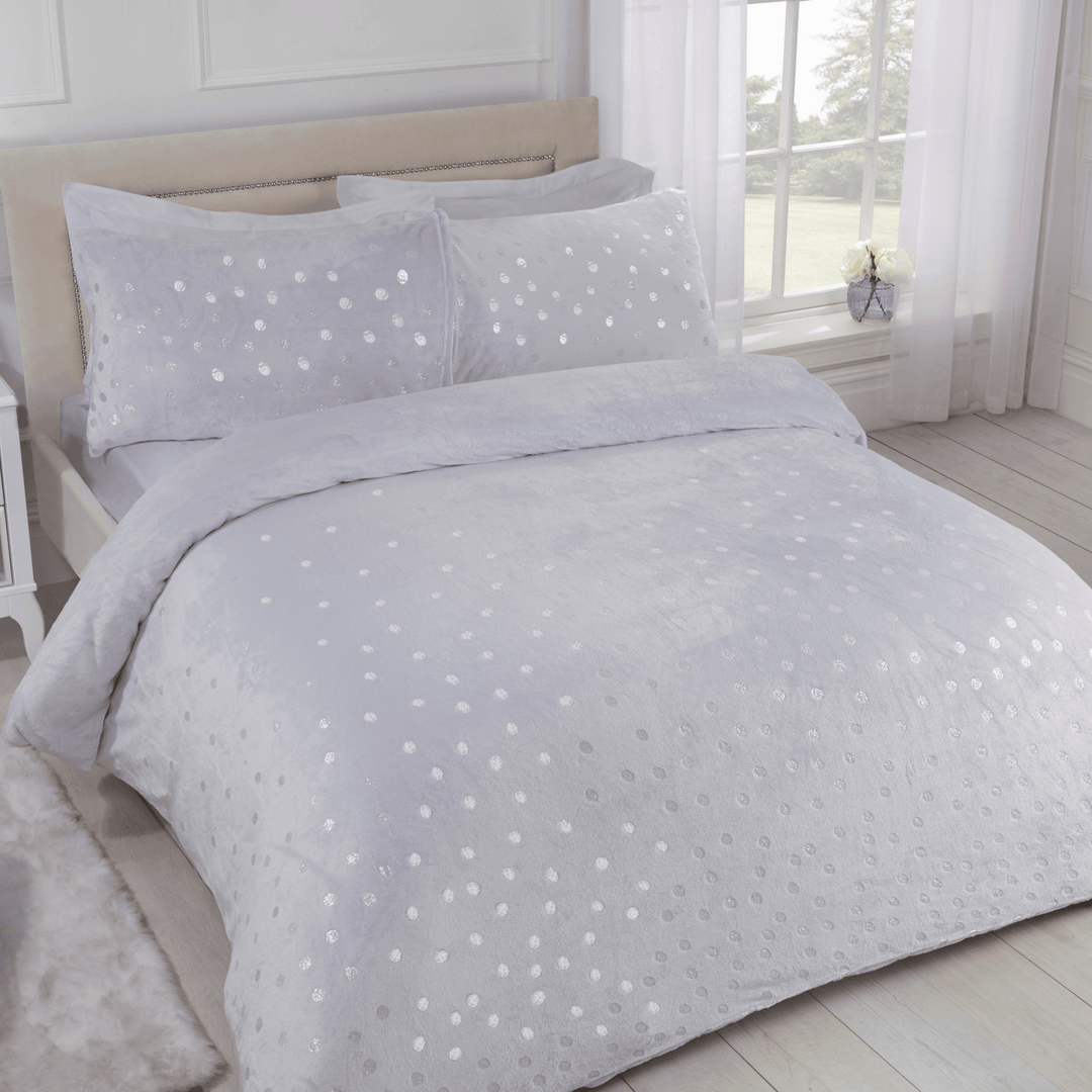 Grey Foil Polka Dot Flannel Fleece King Duvet Set from You Know Who's