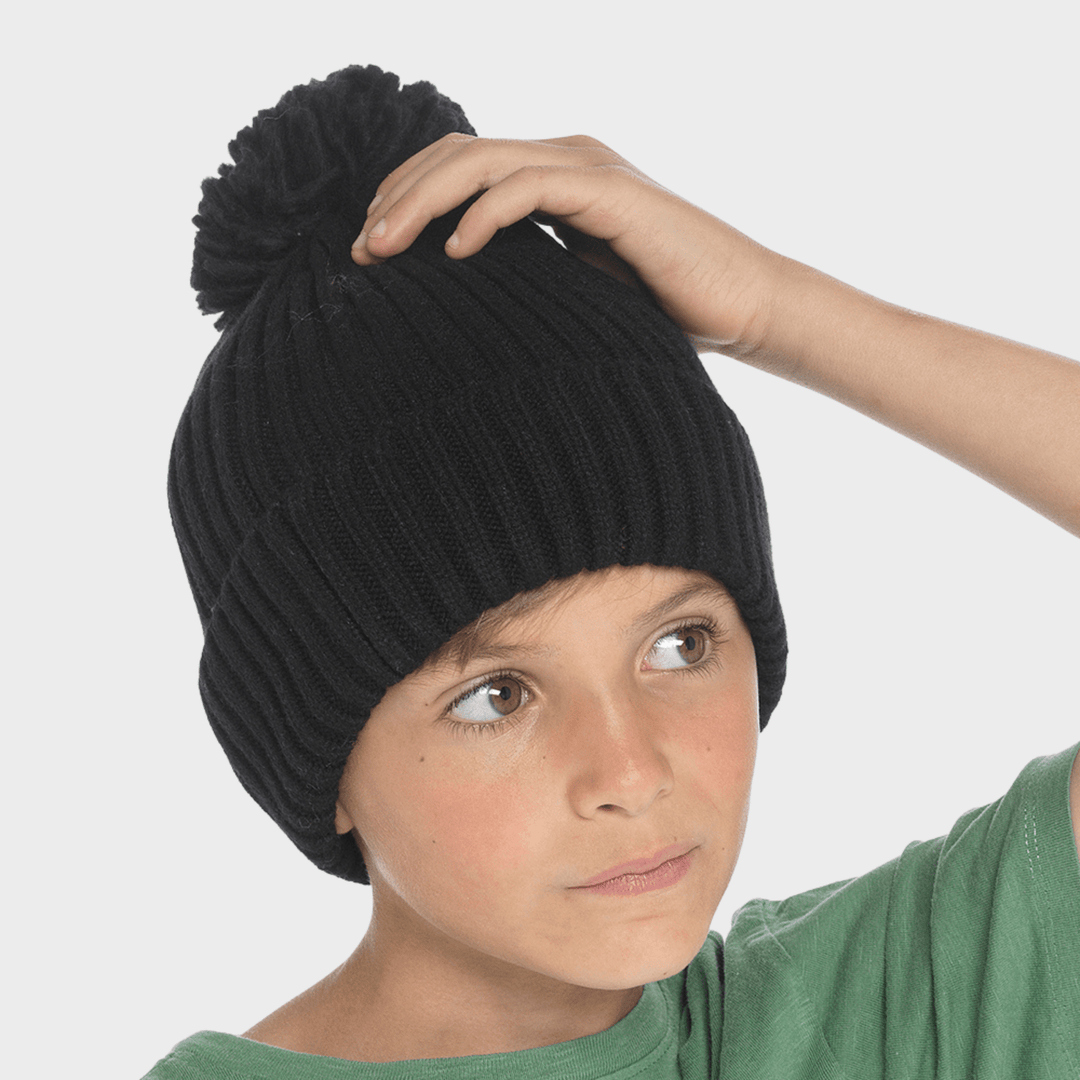 Kids Ribbed Beanie Hat with Bobble in Black from You Know Who's