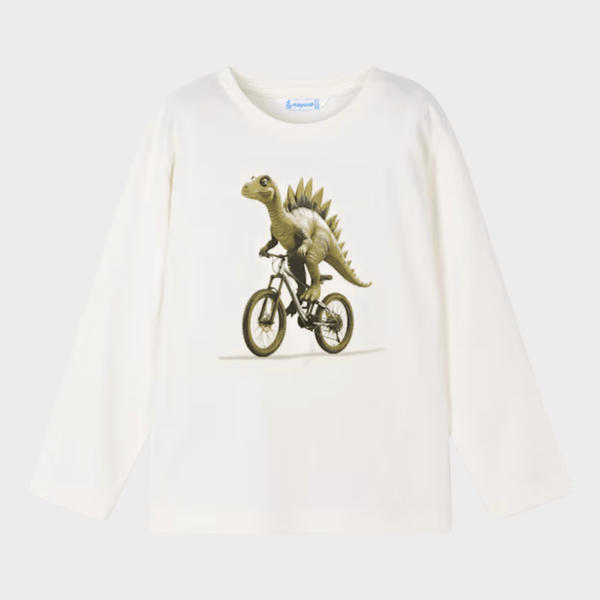 Kids White Dino Bike Printed Top (6M - 3Y) from You Know Who's