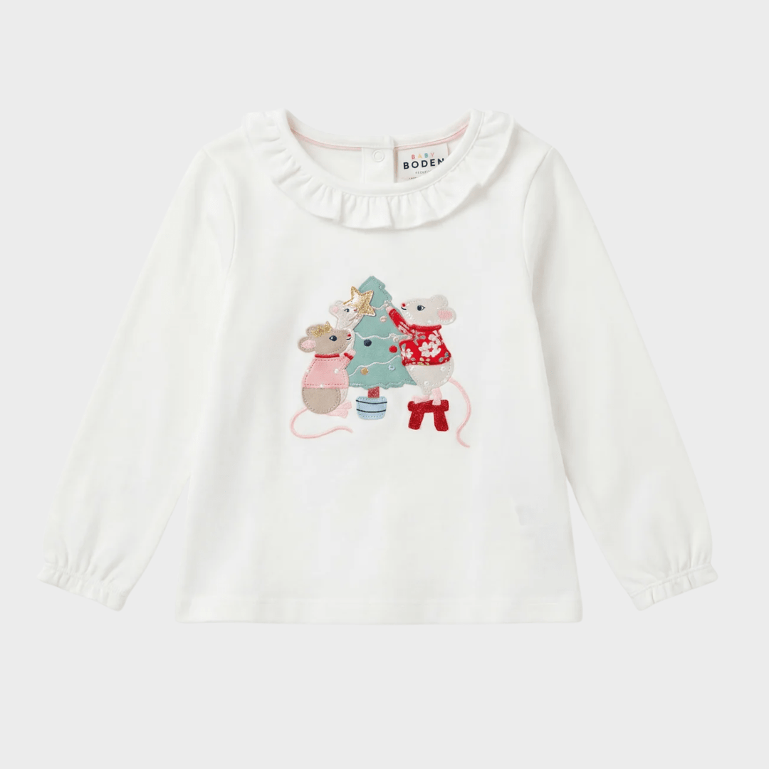 Kids White Mouse Xmas Tree Boden Top from You Know Who's