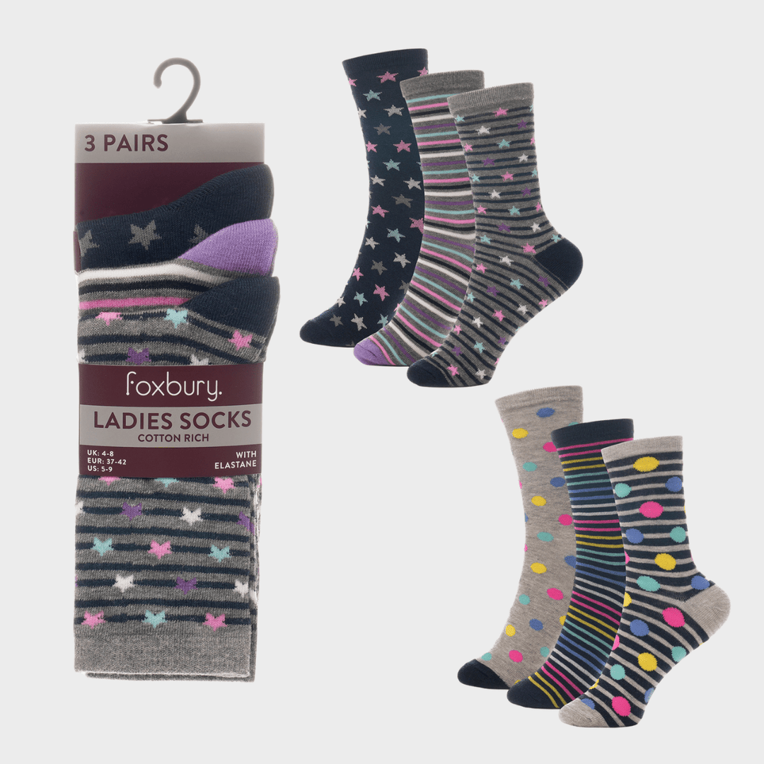 Ladies 3pk Star/Stripe/Spot Socks from You Know Who's