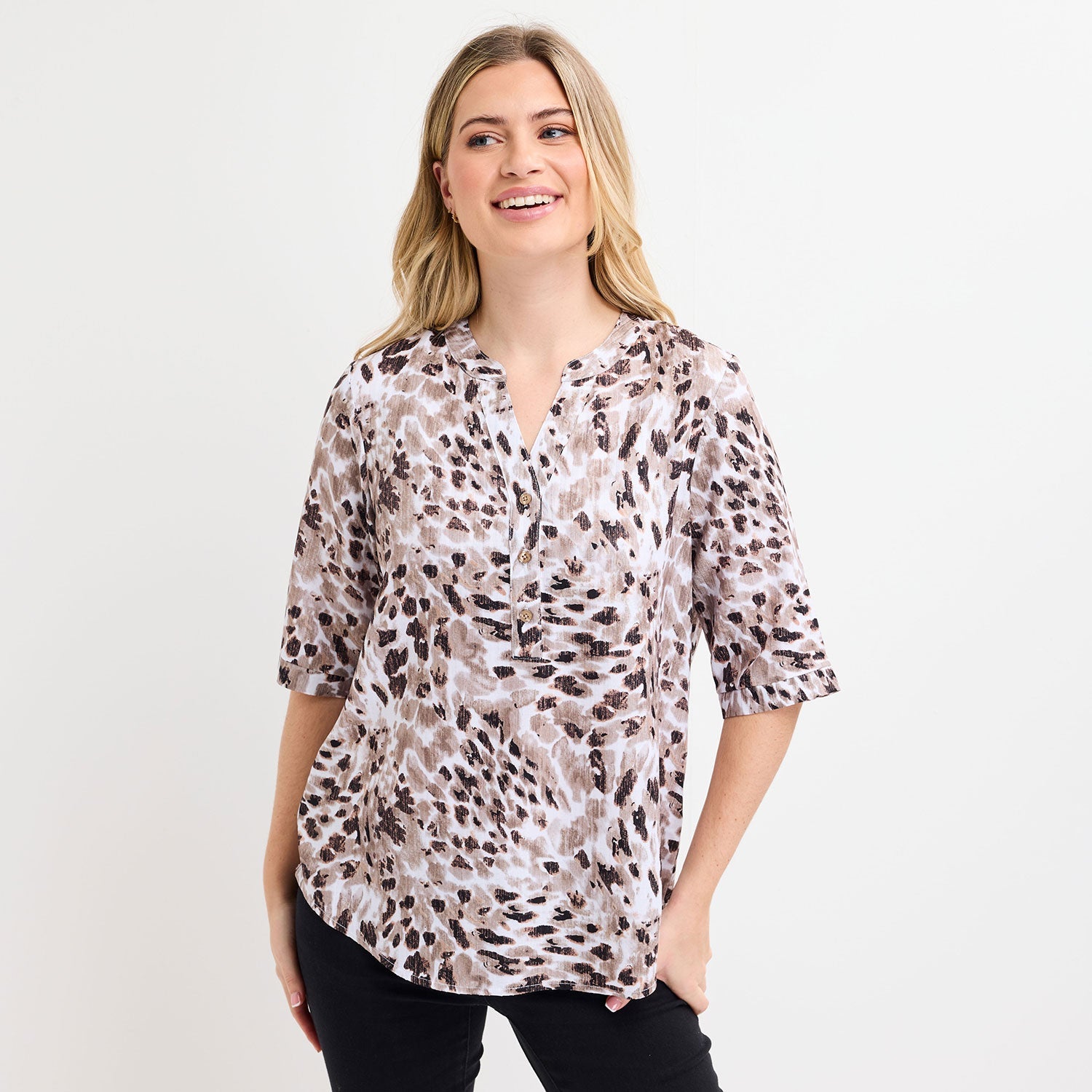 Animal Printed V neck Buttoned Blouse