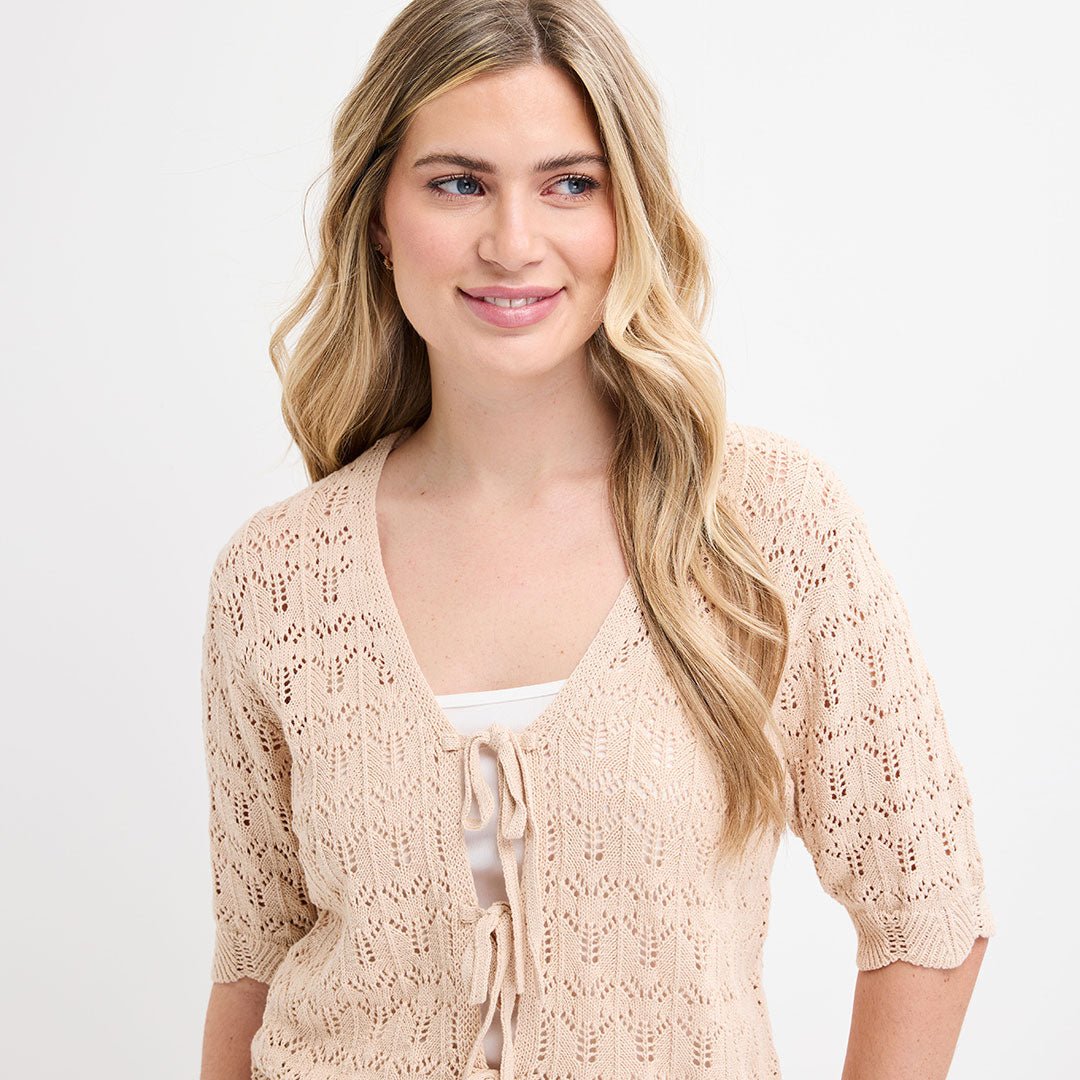 Ladies Beige Short Sleeve Bow Cardigan from You Know Who's