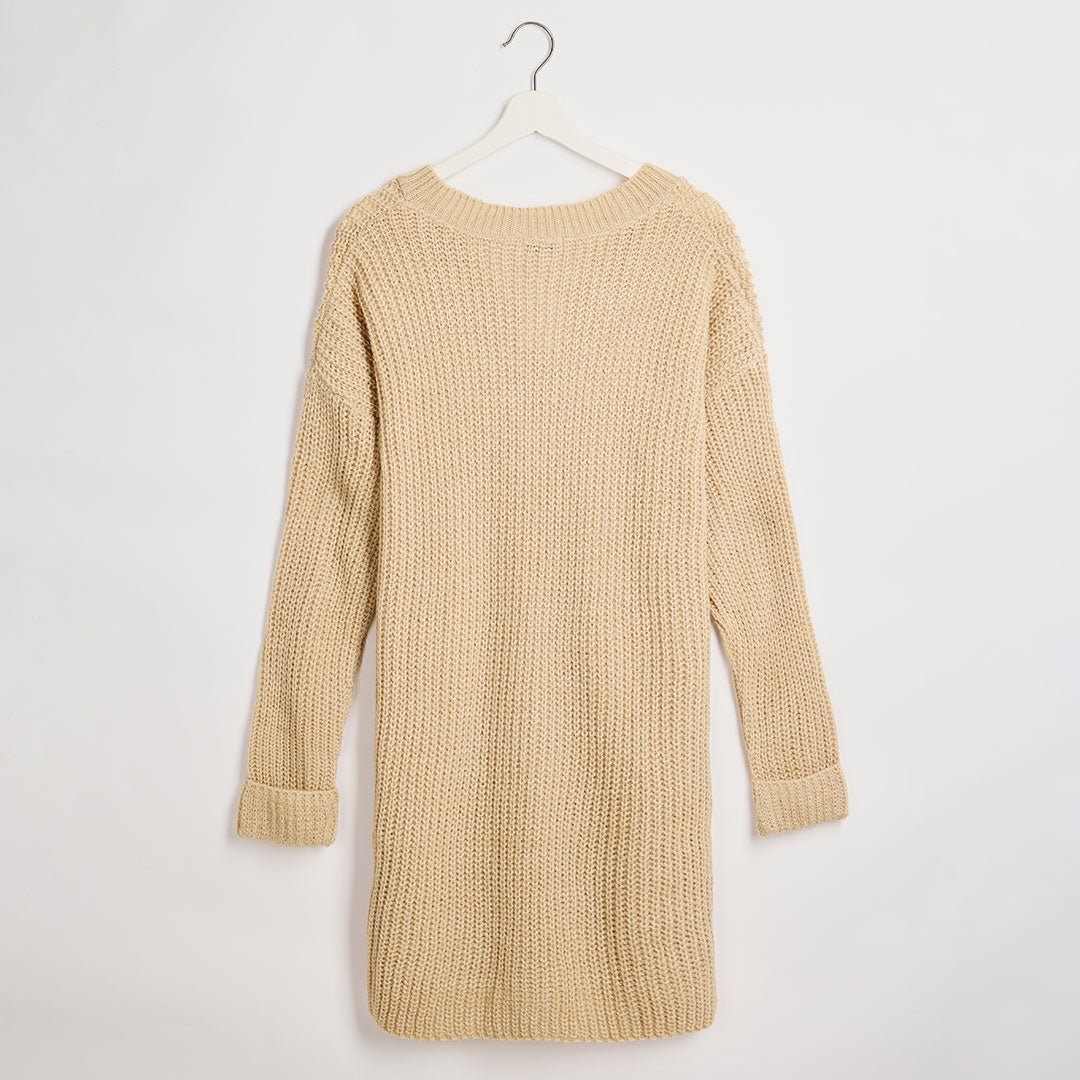 Ladies Beige V Neck Longline Knitted Jumper Dress from You Know Who's
