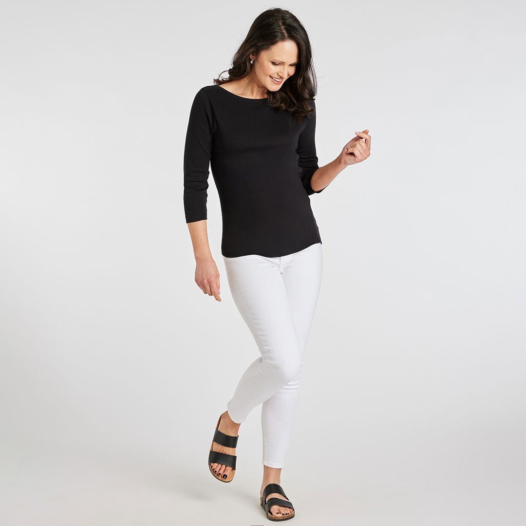 Ladies Black 3/4 Sleeve Slash Neck Top from You Know Who's