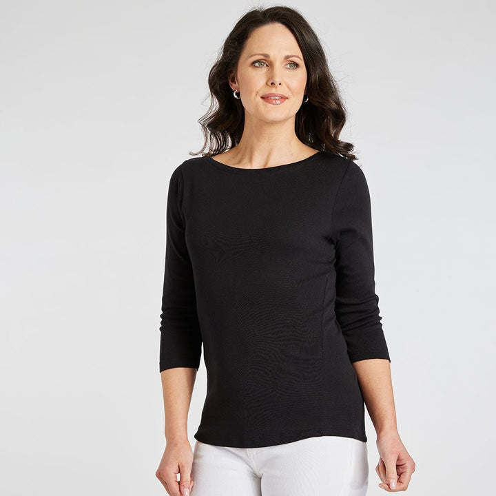 Ladies Black 3/4 Sleeve Slash Neck Top from You Know Who's
