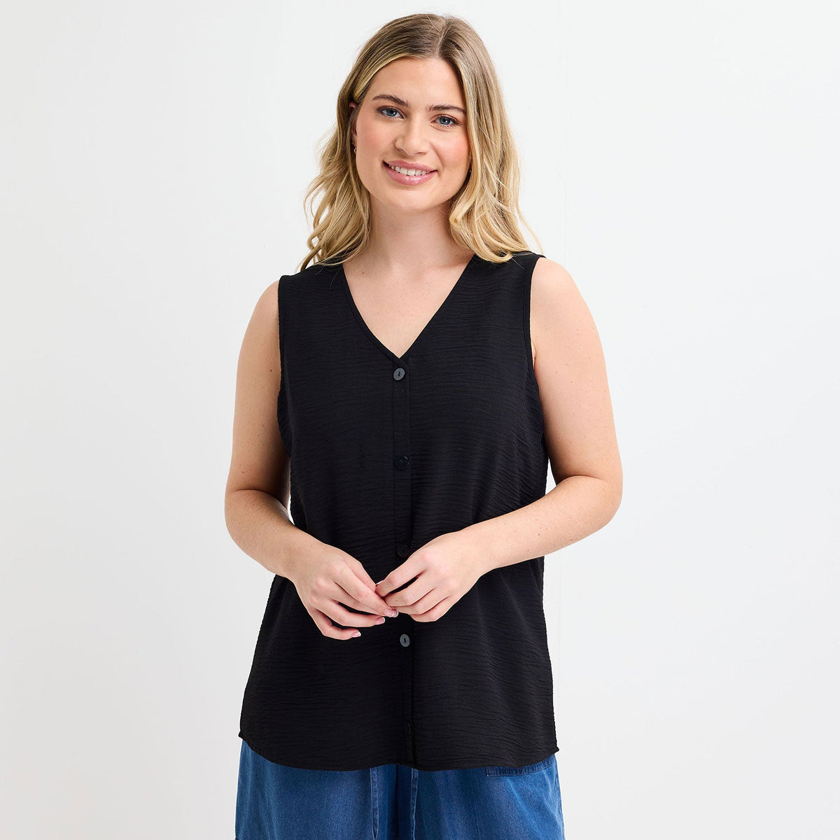 Ladies Black Button Front Sleeveless Top from You Know Who's
