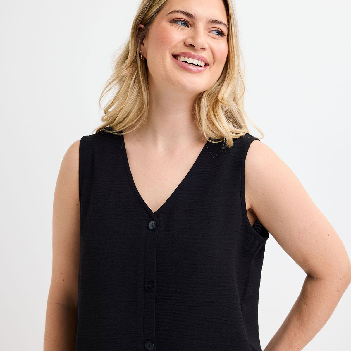 Ladies Black Button Front Sleeveless Top from You Know Who's