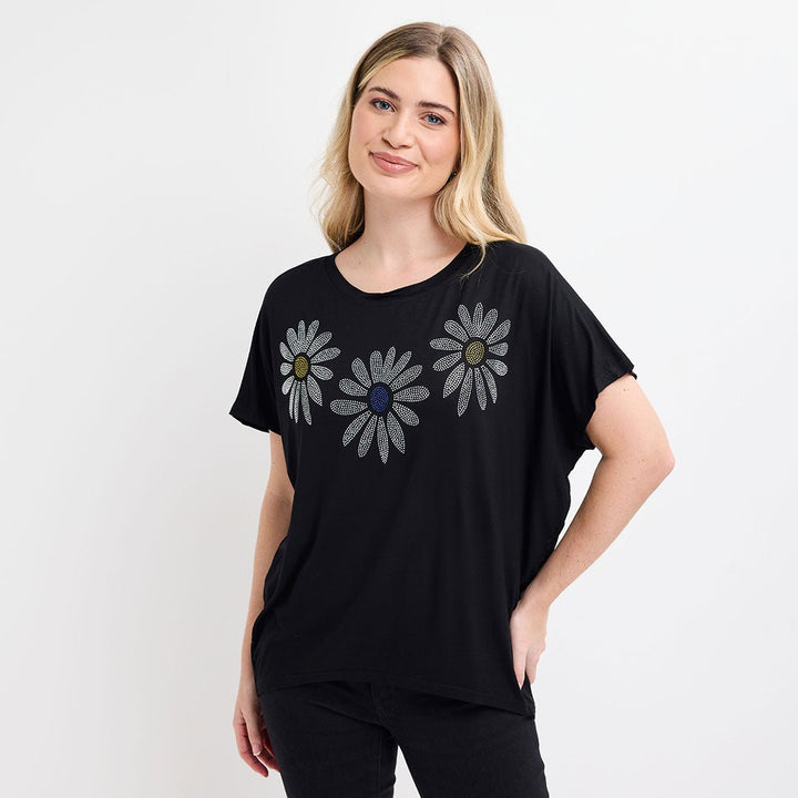 Ladies Black Daisy Diamonte Top from You Know Who's