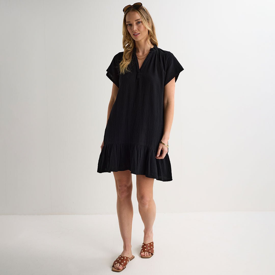 Ladies Black Double Cloth V Neck Dress from You Know Who's