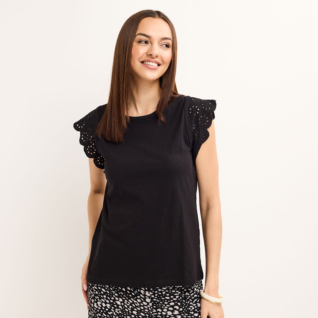Ladies Black Frill Sleeve Cotton Slub Tee from You Know Who's