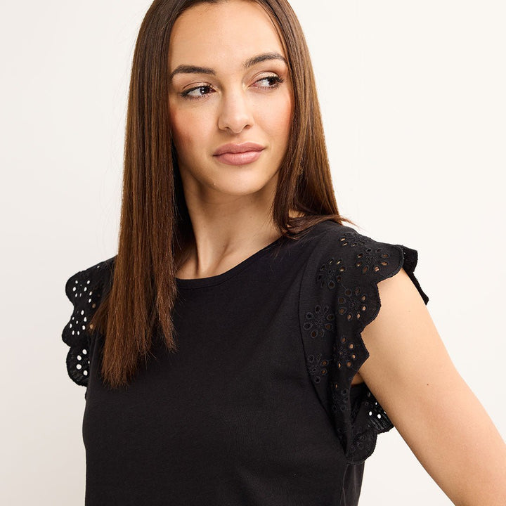 Ladies Black Frill Sleeve Cotton Slub Tee from You Know Who's