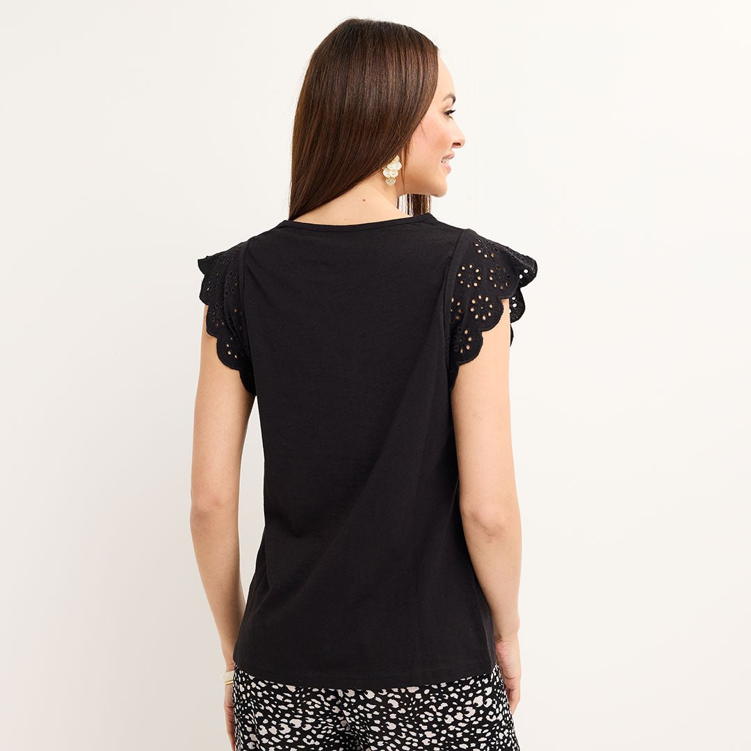 Ladies Black Frill Sleeve Cotton Slub Tee from You Know Who's