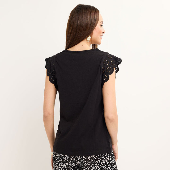 Ladies Black Frill Sleeve Cotton Slub Tee from You Know Who's