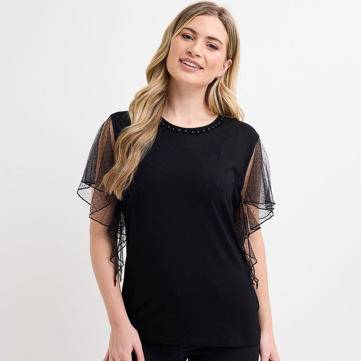 Ladies Black Mesh Sleeve Beaded Top from You Know Who's
