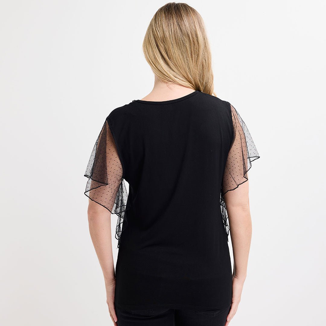Ladies Black Mesh Sleeve Beaded Top from You Know Who's