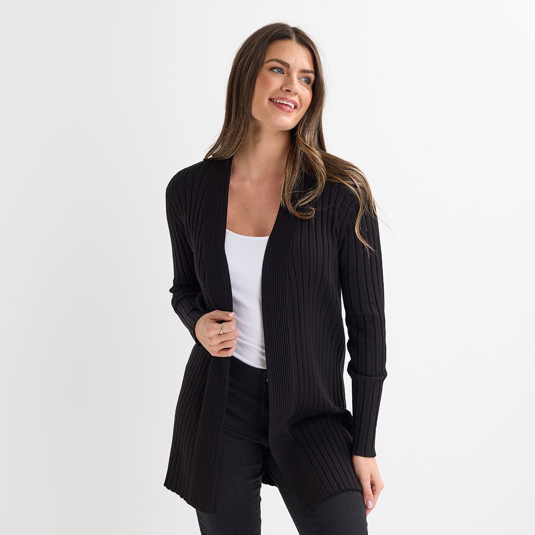 Ladies Black Ribbed Open Front Cardigan from You Know Who's