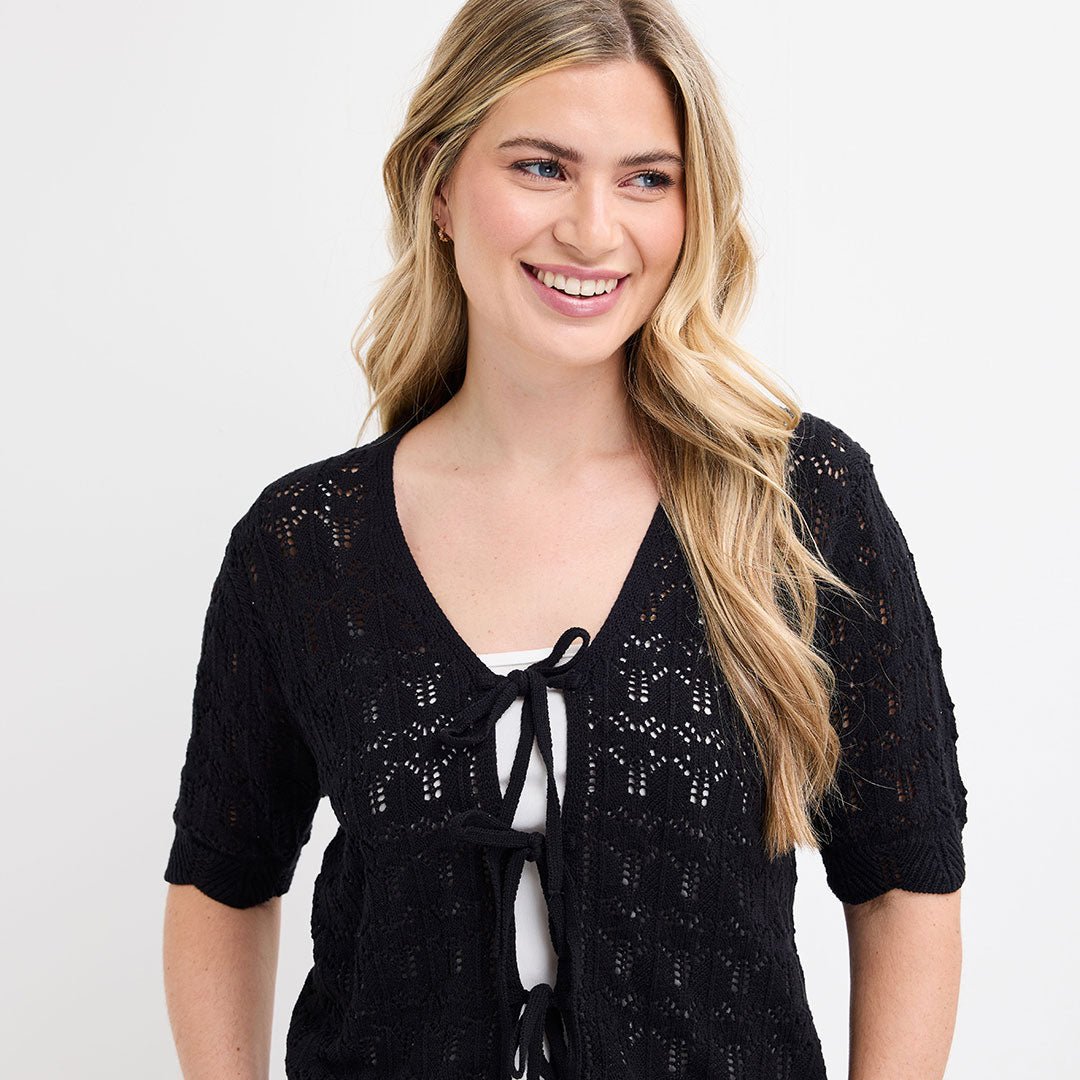 Ladies Black Short Sleeve Bow Cardigan from You Know Who's