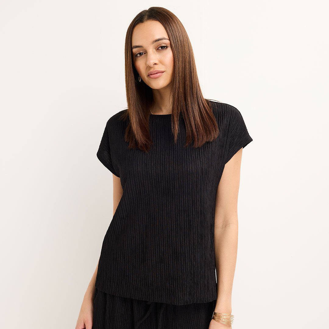 Ladies Black Sleeveless Plisse Top from You Know Who's