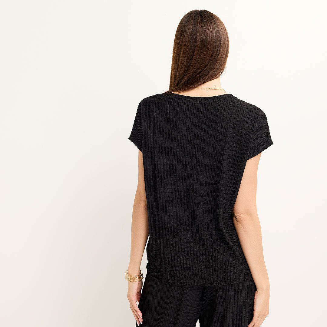 Ladies Black Sleeveless Plisse Top from You Know Who's