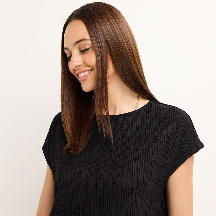 Ladies Black Sleeveless Plisse Top from You Know Who's