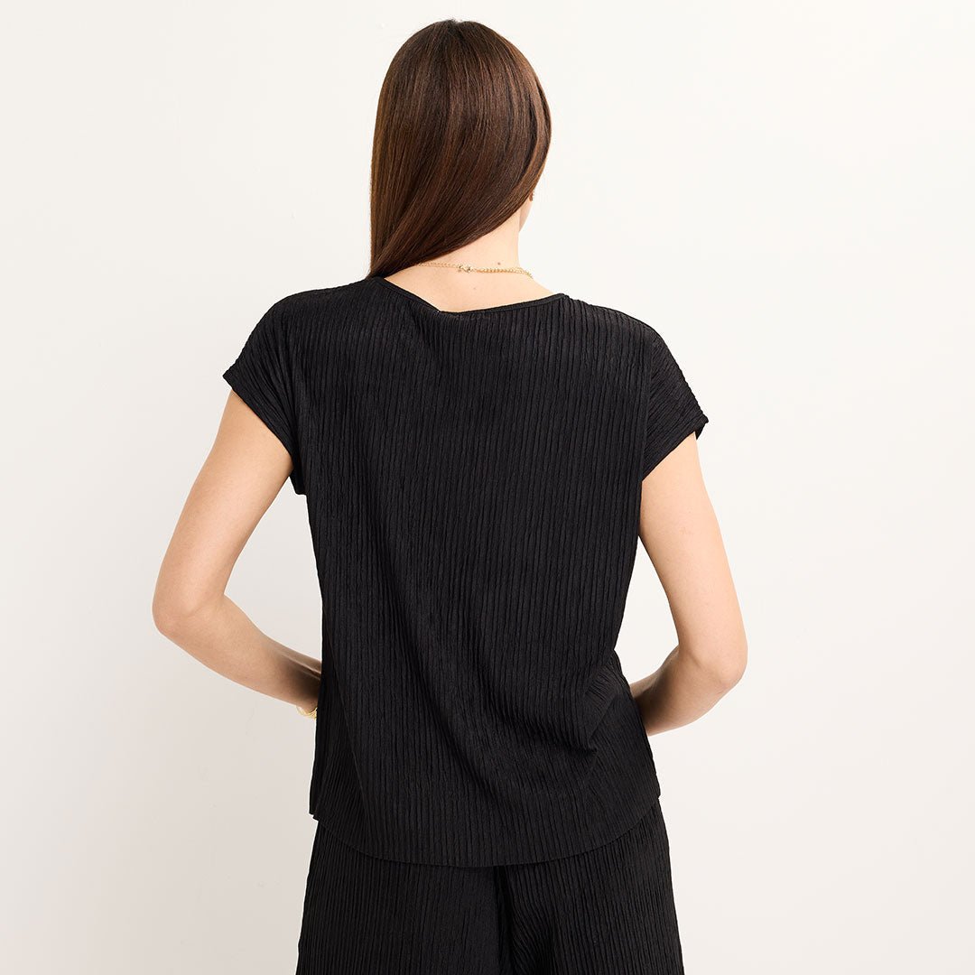 Ladies Black Sleeveless Plisse Top from You Know Who's