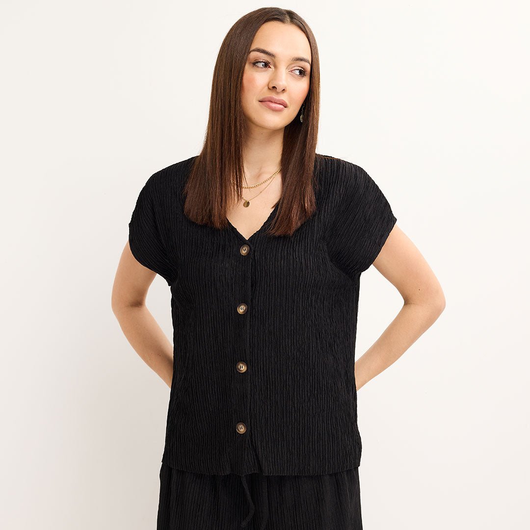 Ladies Black V Neck Button Plisse Top from You Know Who's