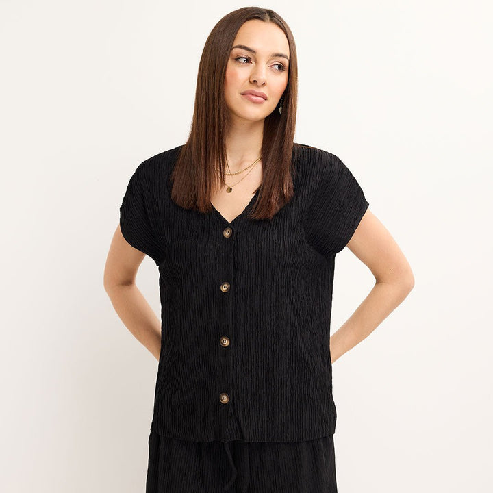 Ladies Black V Neck Button Plisse Top from You Know Who's