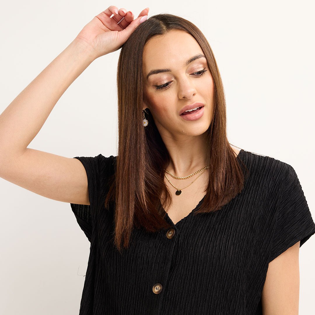 Ladies Black V Neck Button Plisse Top from You Know Who's
