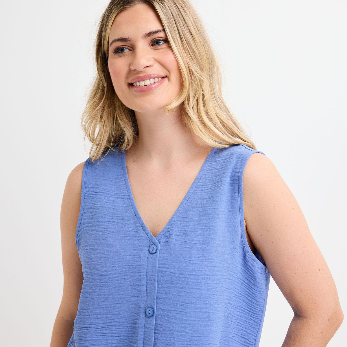 Ladies Blue Button Front Sleeveless Top from You Know Who's