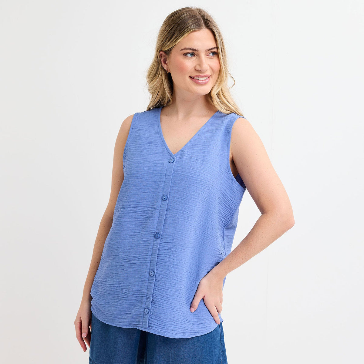Ladies Blue Button Front Sleeveless Top from You Know Who's