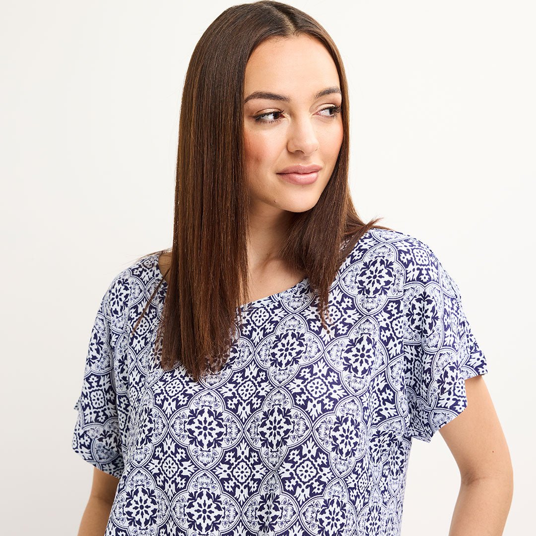 Ladies Blue Crinkle Tile Print Top from You Know Who's