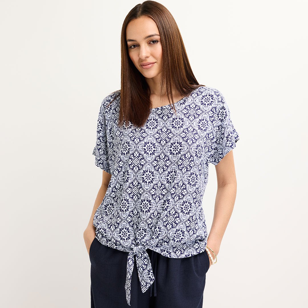 Ladies Blue Crinkle Tile Print Top from You Know Who's