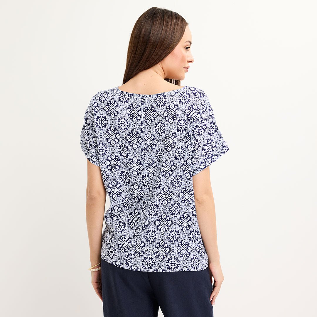 Ladies Blue Crinkle Tile Print Top from You Know Who's