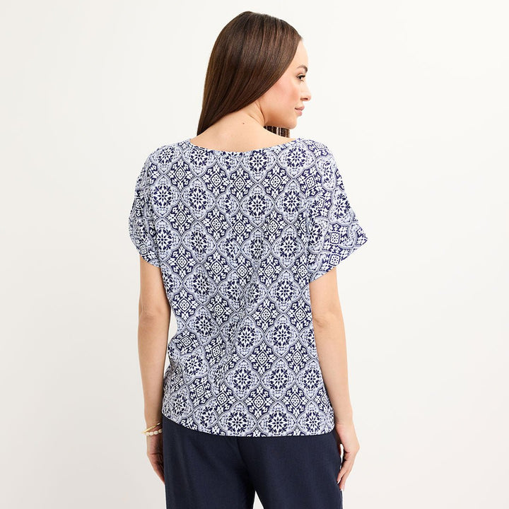 Ladies Blue Crinkle Tile Print Top from You Know Who's