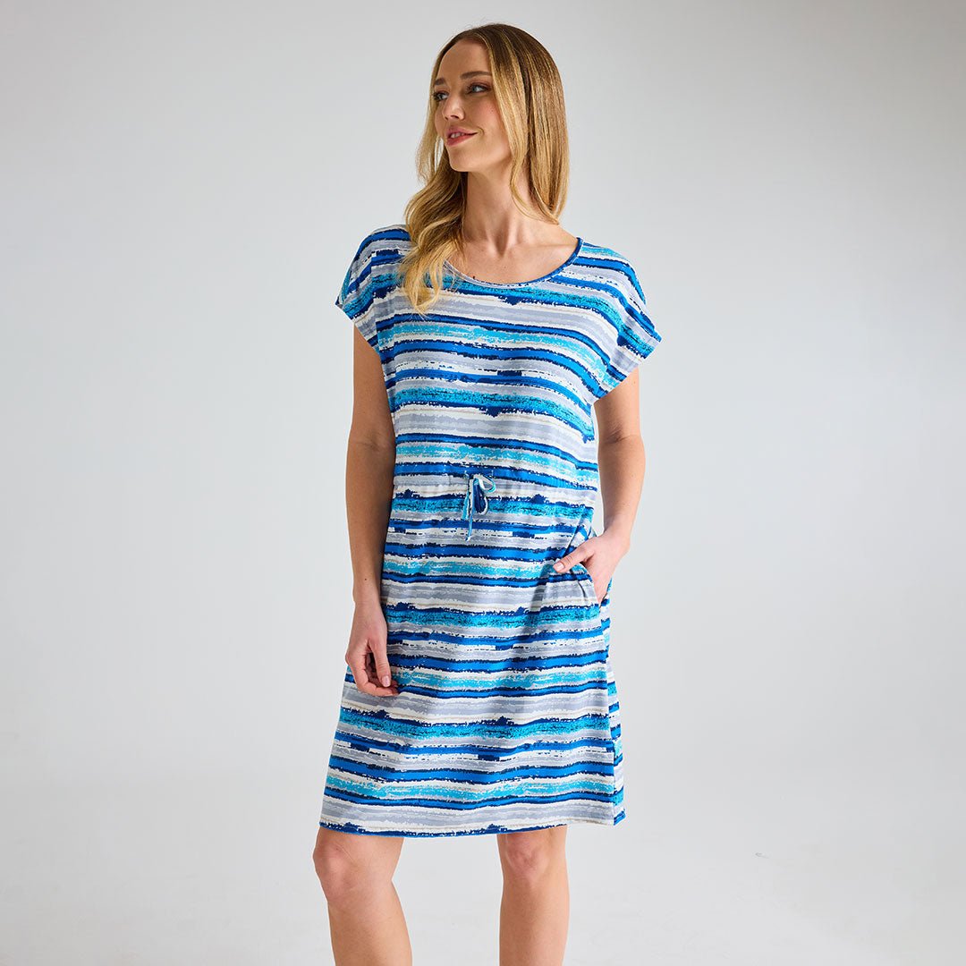 Ladies Blue Distressed Stripe Cap Sleeve Printed Dress from You Know Who's