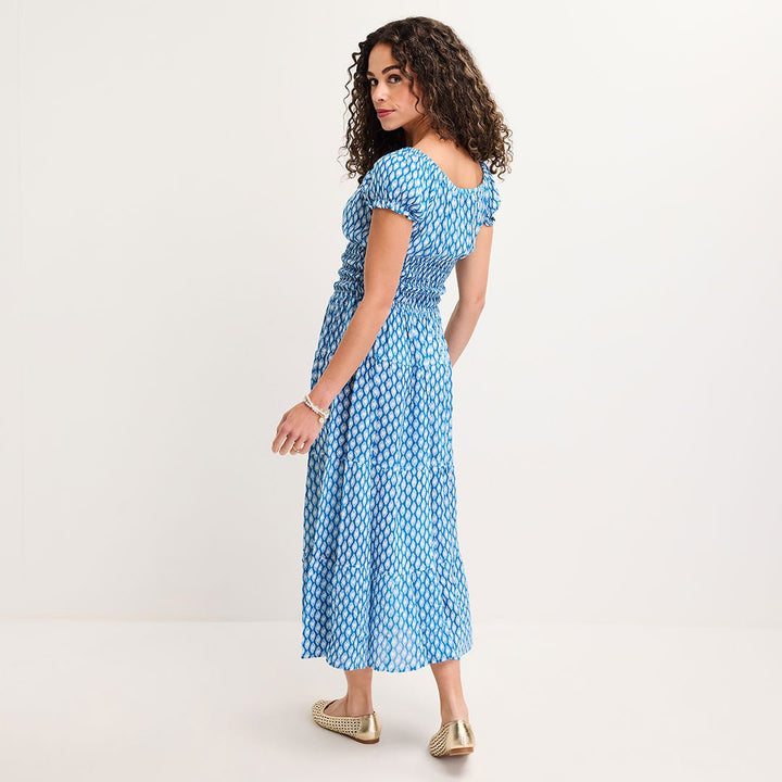 Ladies Blue Ikat Bardot Print Midi Dress from You Know Who's