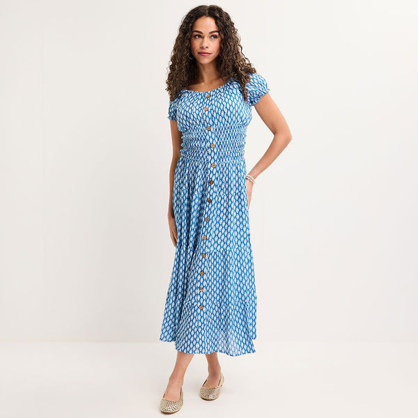 Ladies Blue Ikat Bardot Print Midi Dress from You Know Who's