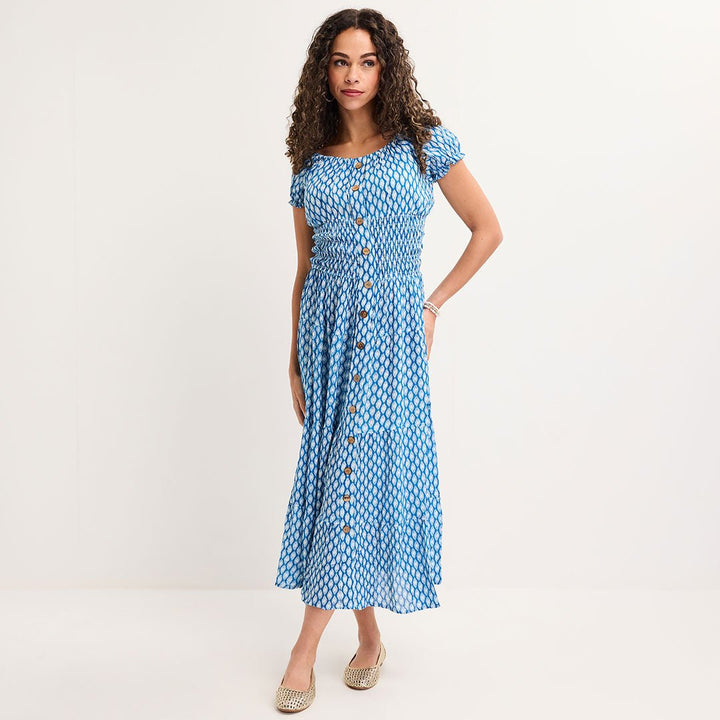 Ladies Blue Ikat Bardot Print Midi Dress from You Know Who's