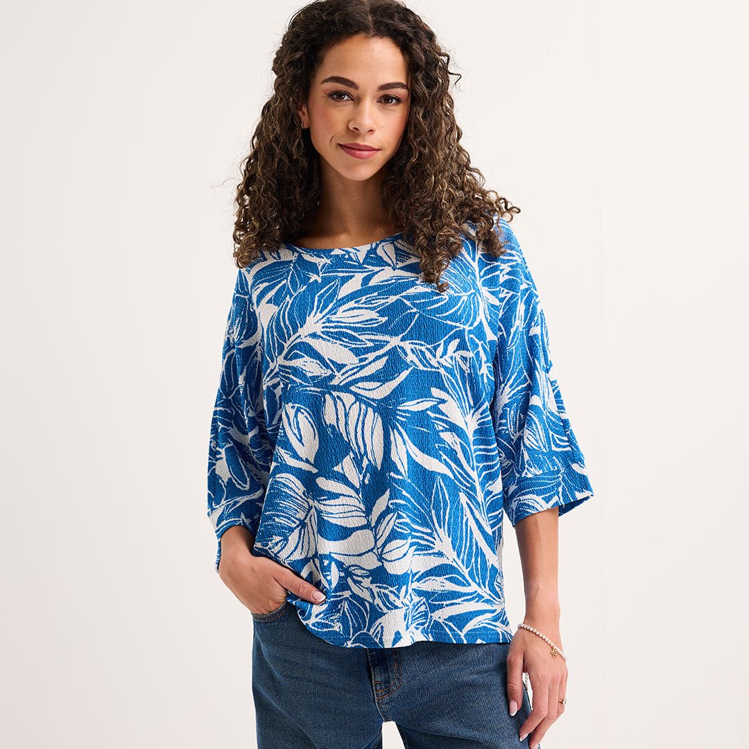 Ladies Blue Leaf Textured Printed Top from You Know Who's