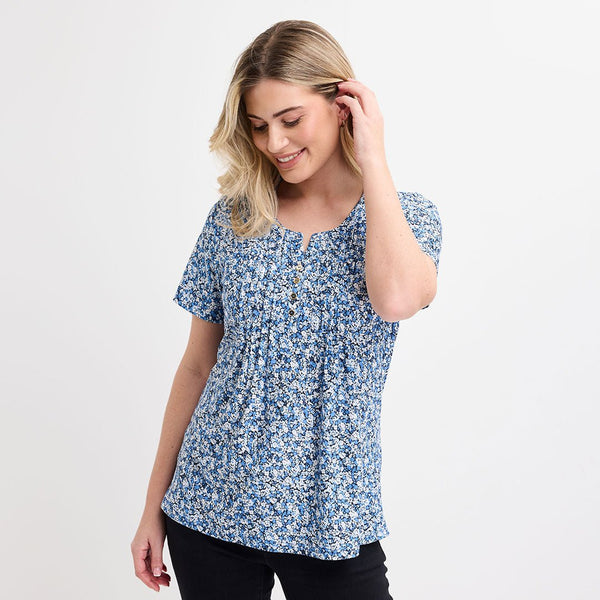 Ladies Blue Pleat Front Button Top from You Know Who's